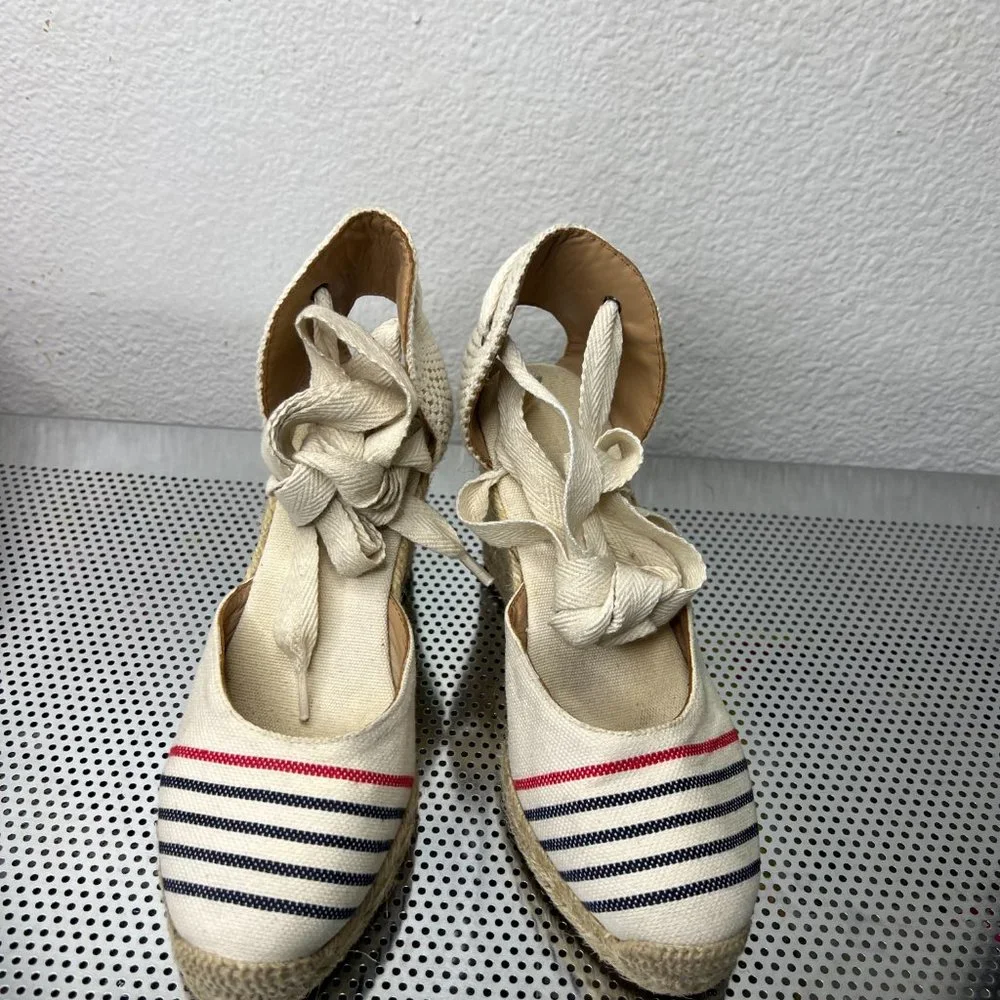 Soludos Women's Lace-Up Tall Wedge Espadrilles Red‎ Navy Natural  Size 5